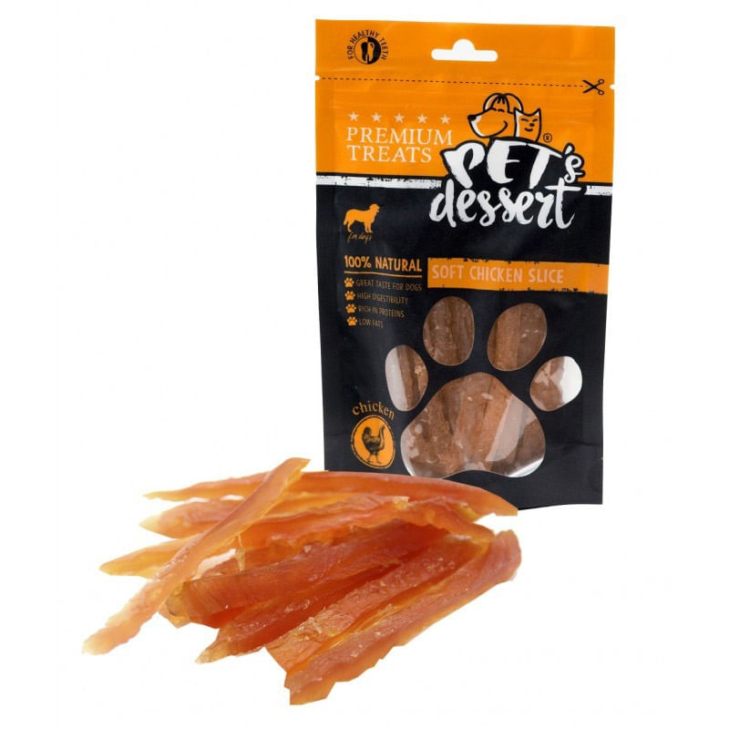 PET\'S DESSERT Soft Slice, XS-XL, Pui, punguță recompense fără cereale câini, 80g