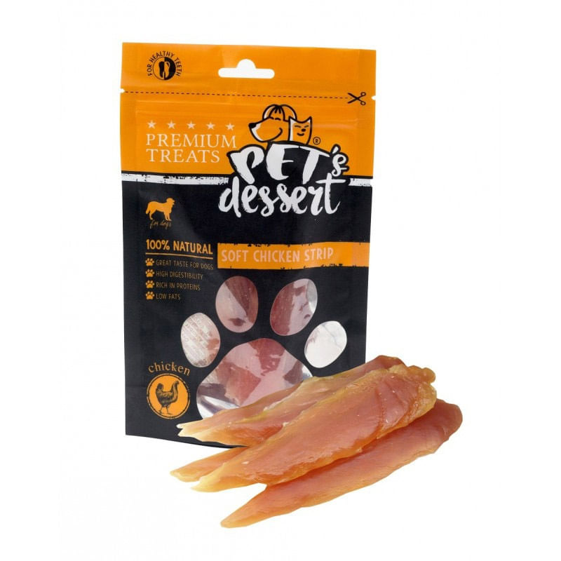 PET\'S DESSERT Soft Strip, XS-XL, Pui, punguță recompense fără cereale câini, 500g