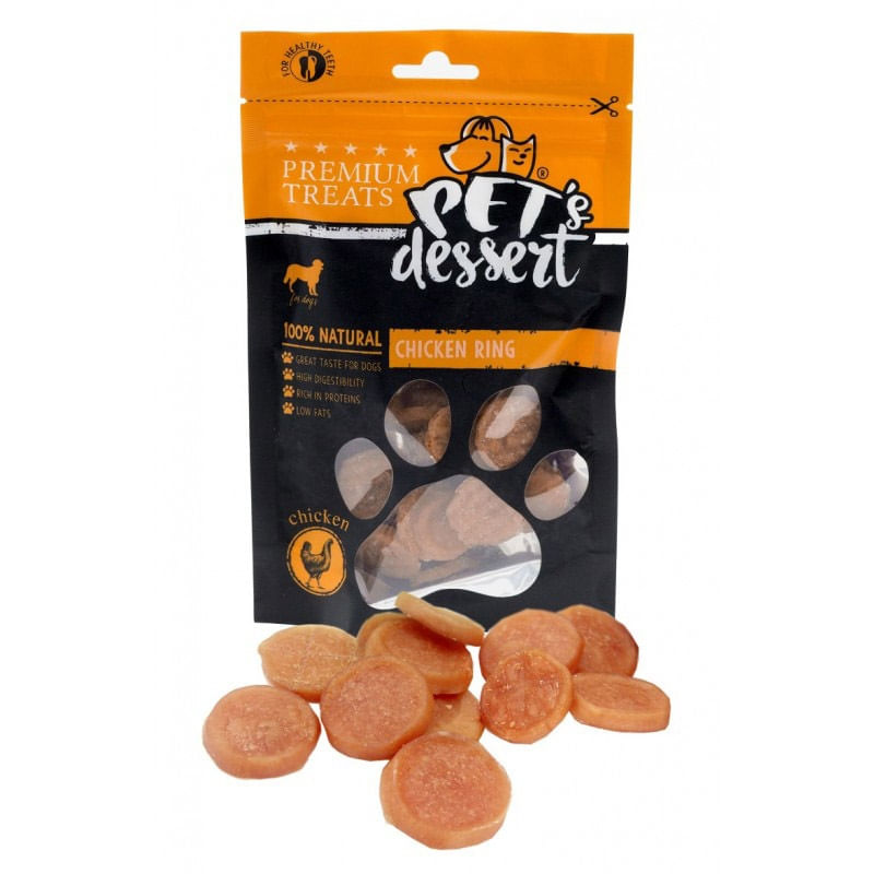 PET\'S DESSERT Rings, XS-XL, Pui, punguță recompense fără cereale câini, 80g