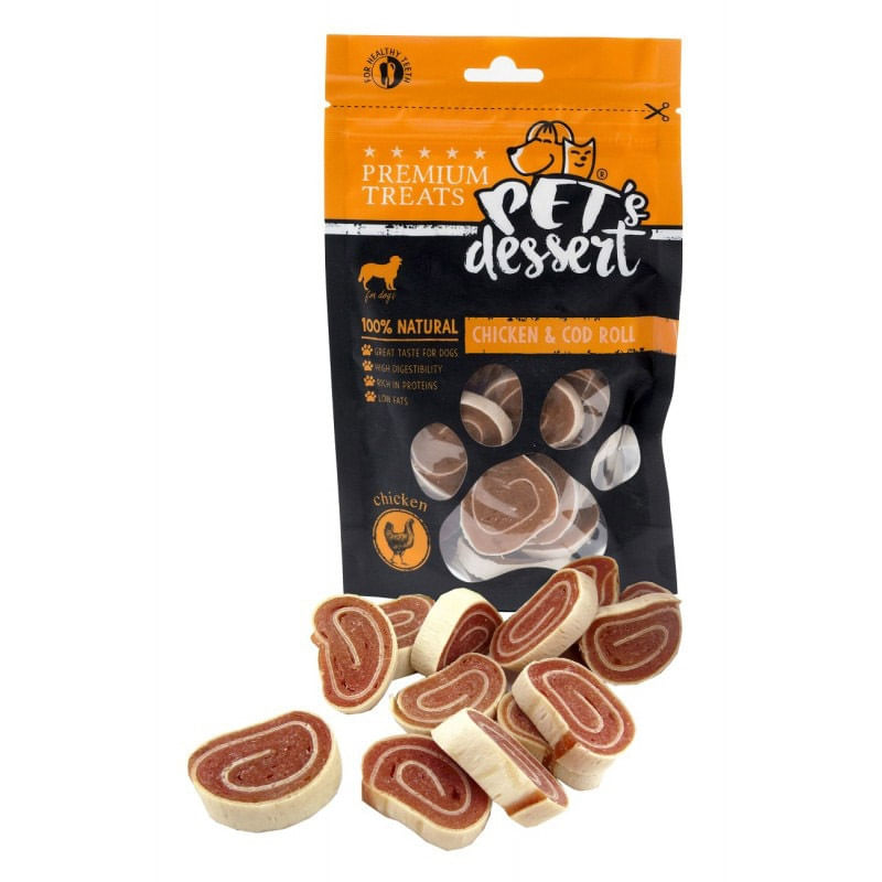 PET\'S DESSERT Roll, XS-XL, Pui și Cod, punguță recompense fără cereale câini, 80g