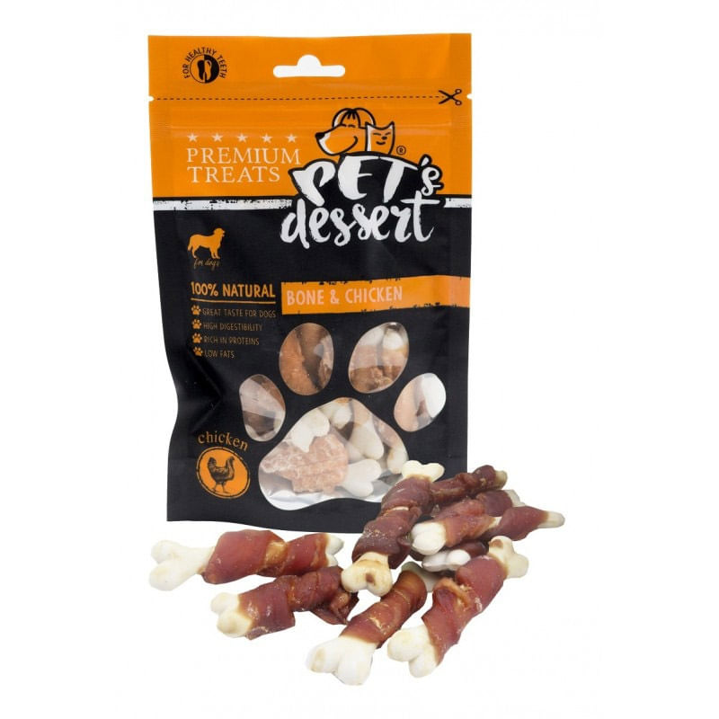 PET\'S DESSERT Bone & Chicken, XS-XL, Pui, punguță recompense fără cereale câini, 80g