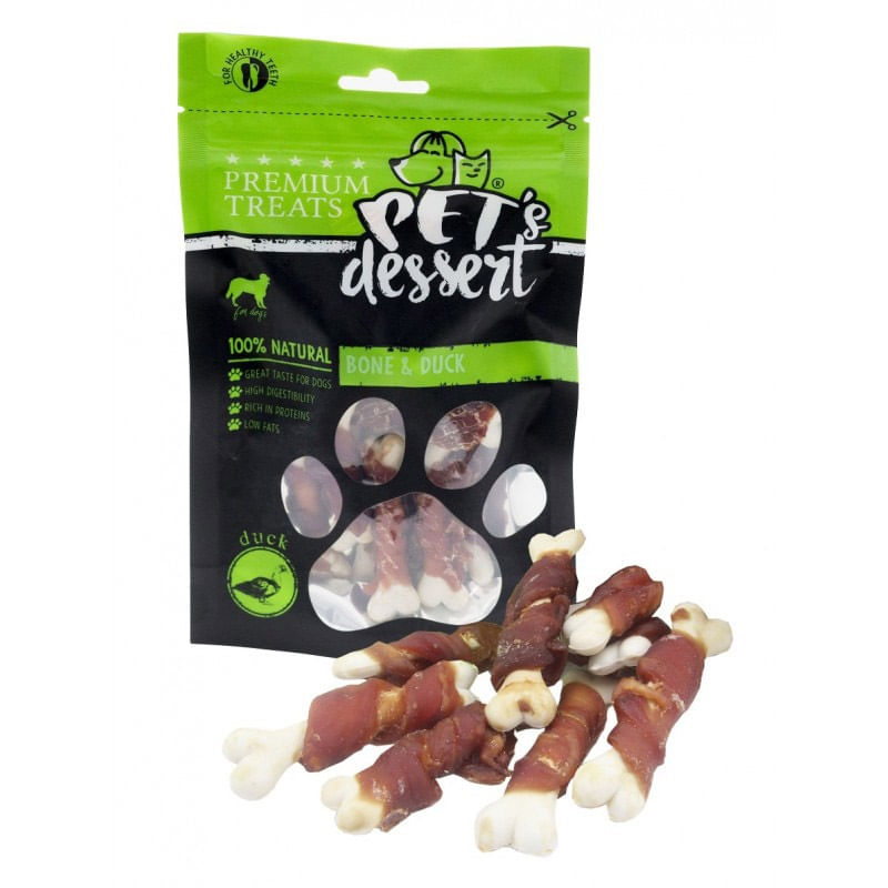 PET\'S DESSERT Bone & Duck, XS-XL, Rață, punguță recompense fără cereale câini, 80g