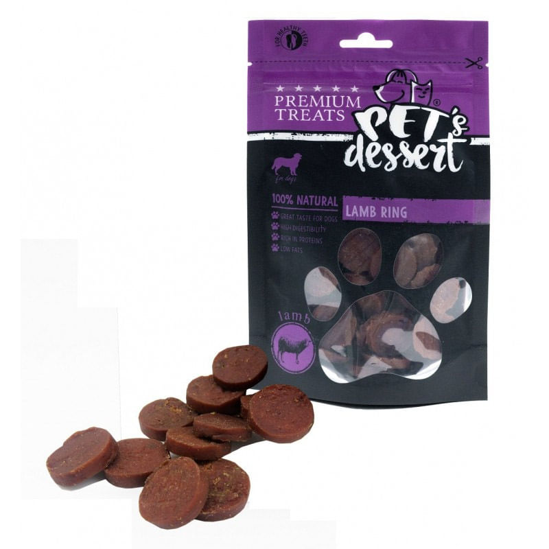 PET\'S DESSERT Rings, XS-XL, Miel, punguță recompense fără cereale câini, 80g