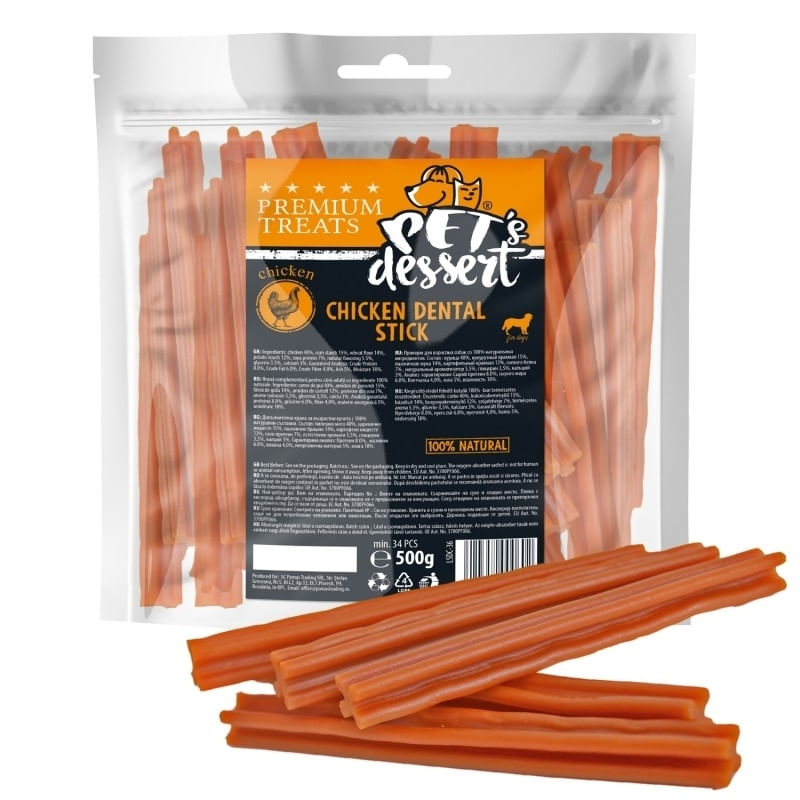 PET\'S DESSERT Dental Stick, XS-XL, Pui, punguță recompense fără cereale câini, 500g