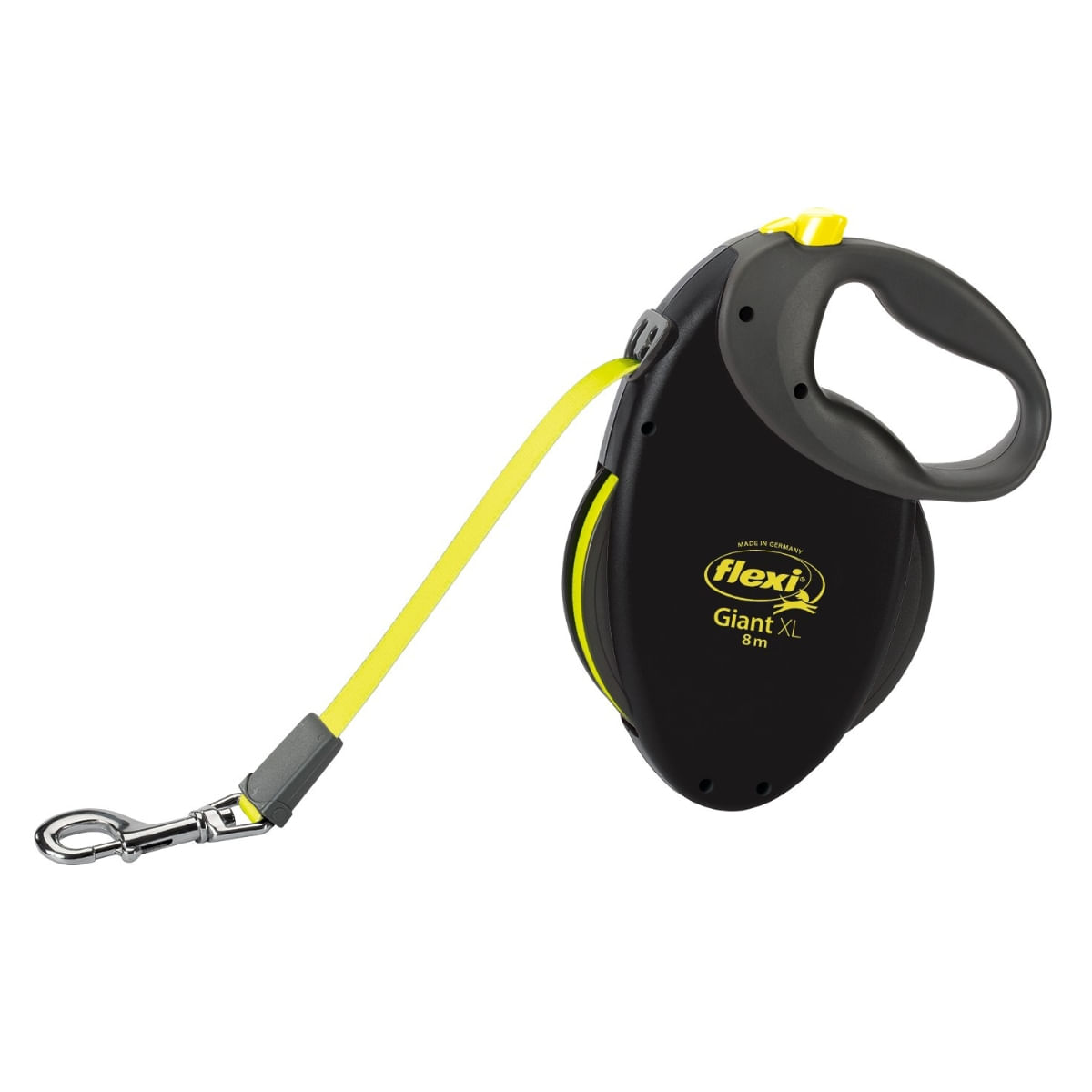 FLEXI Giant, lesă retractabilă câini, bandă, negru/neon FLEXI Giant XL, lesă retractabilă câini, >50kg, bandă, 8m, negru/neon