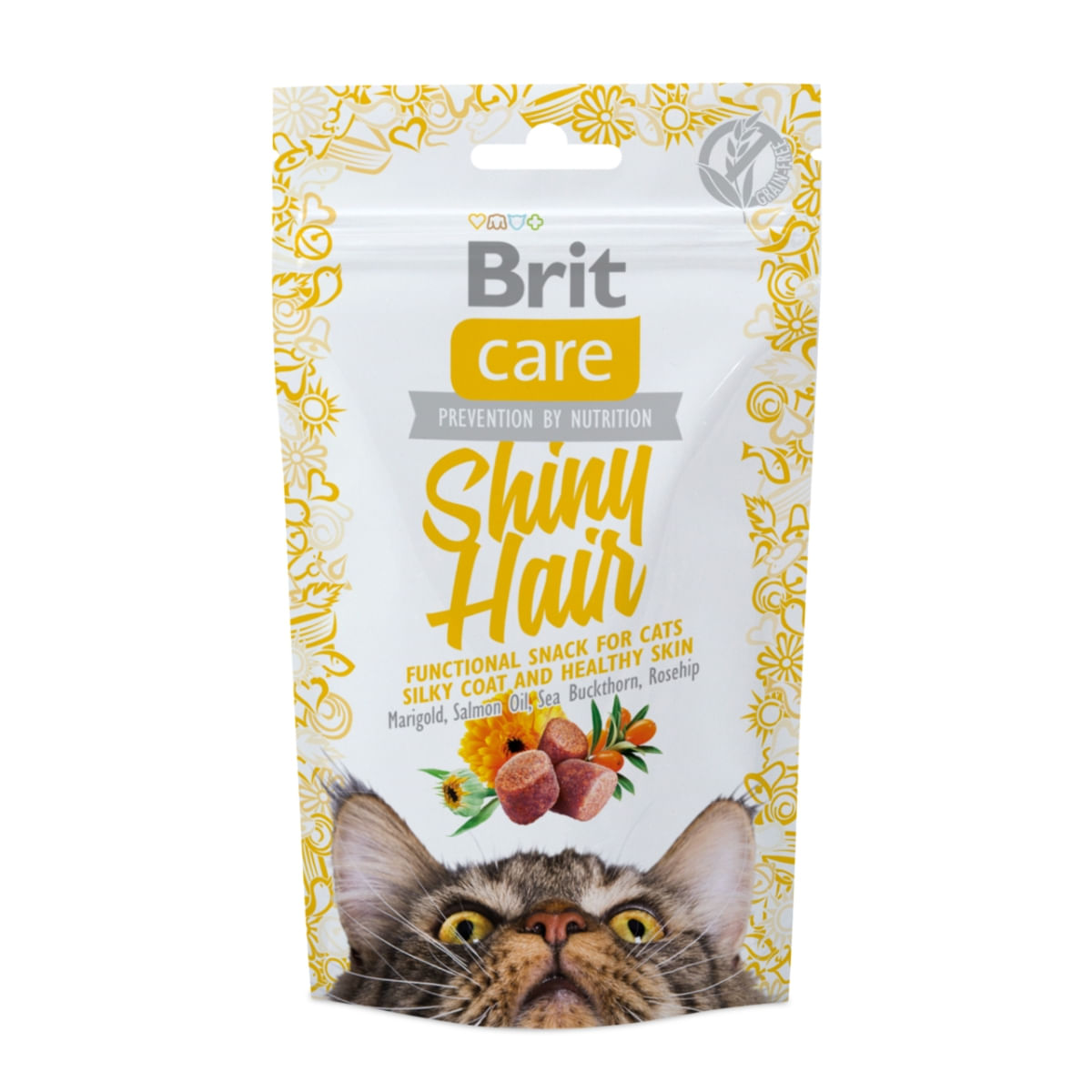 BRIT Care Snack Shiny Hair, Somon cu Gălbenele, recompense funcționale fără cereale pisici, piele și blană, 50g - 1 | YEO