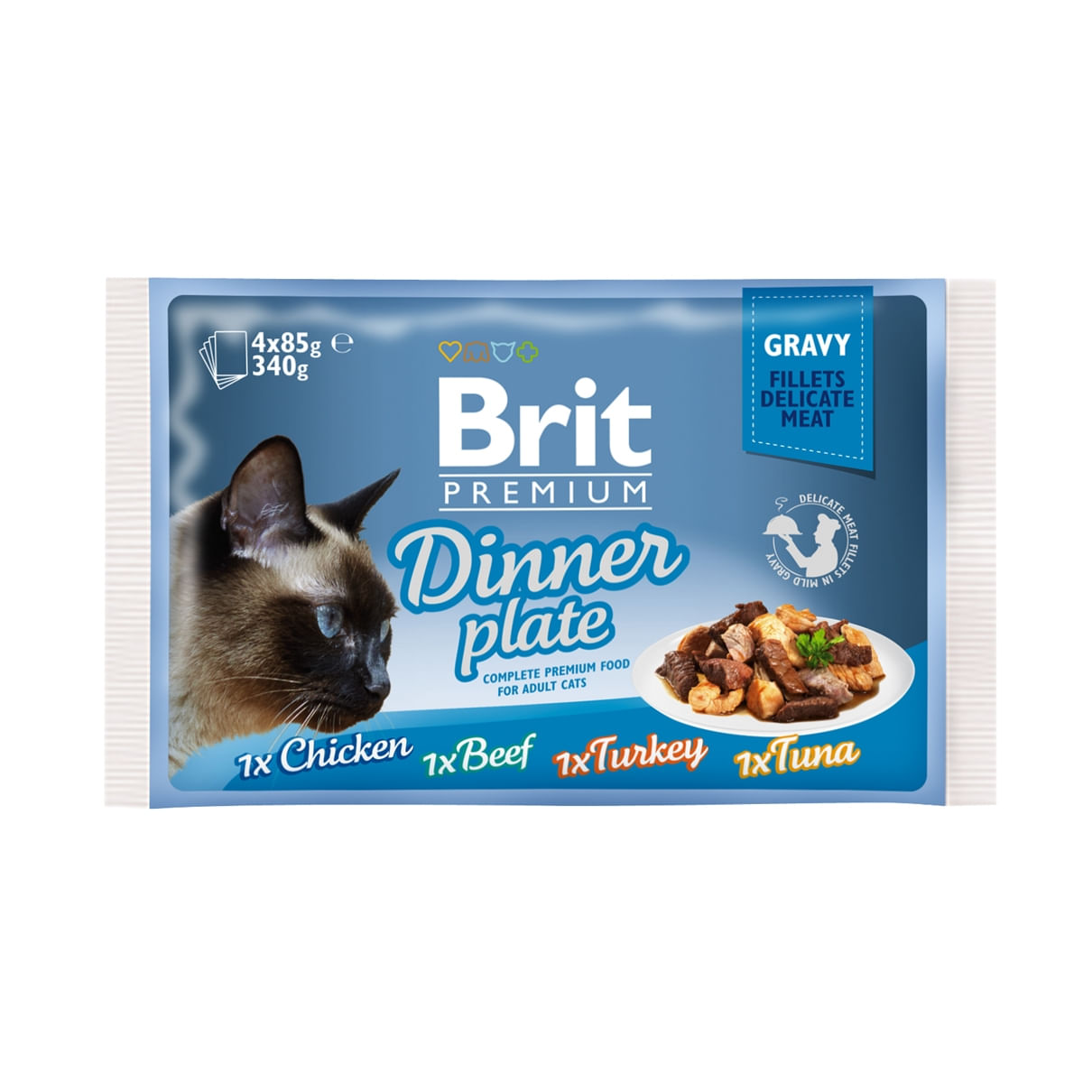 BRIT Premium Multipack Dinner Plate, 4 arome, pachet mixt, plic hrană umedă pisici, (în sos), 85g x 4 - 1 | YEO