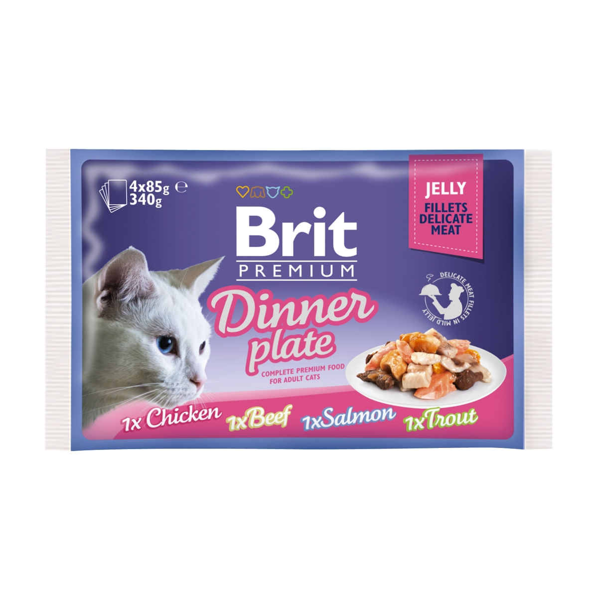 BRIT Premium Multipack Dinner Plate, 4 arome, pachet mixt, plic hrană umedă pisici, (în aspic), 85g x 4 - 1 | YEO