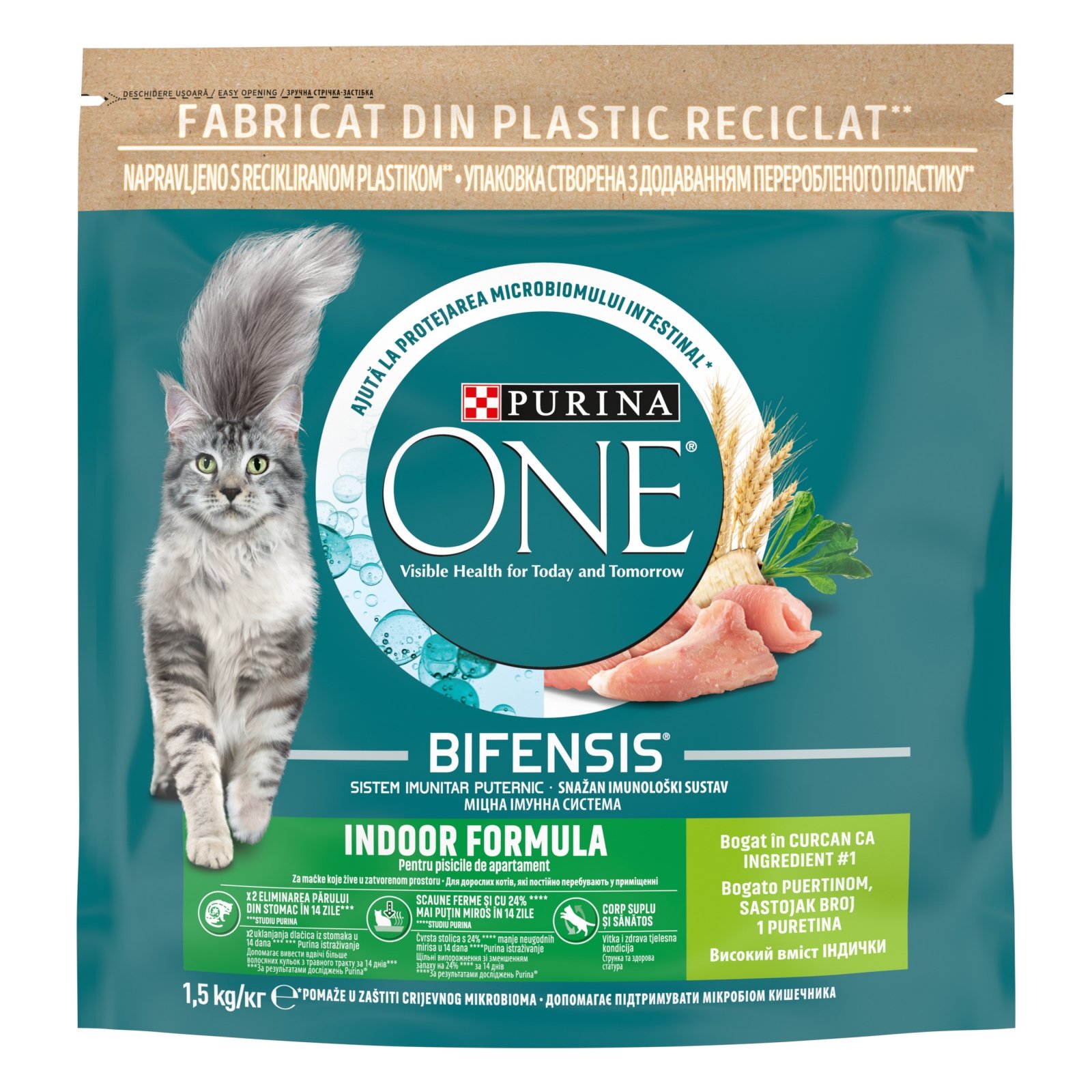 PURINA One Indoor, Curcan cu Cereale Integrale, hrană uscată pisici, 1.5kg