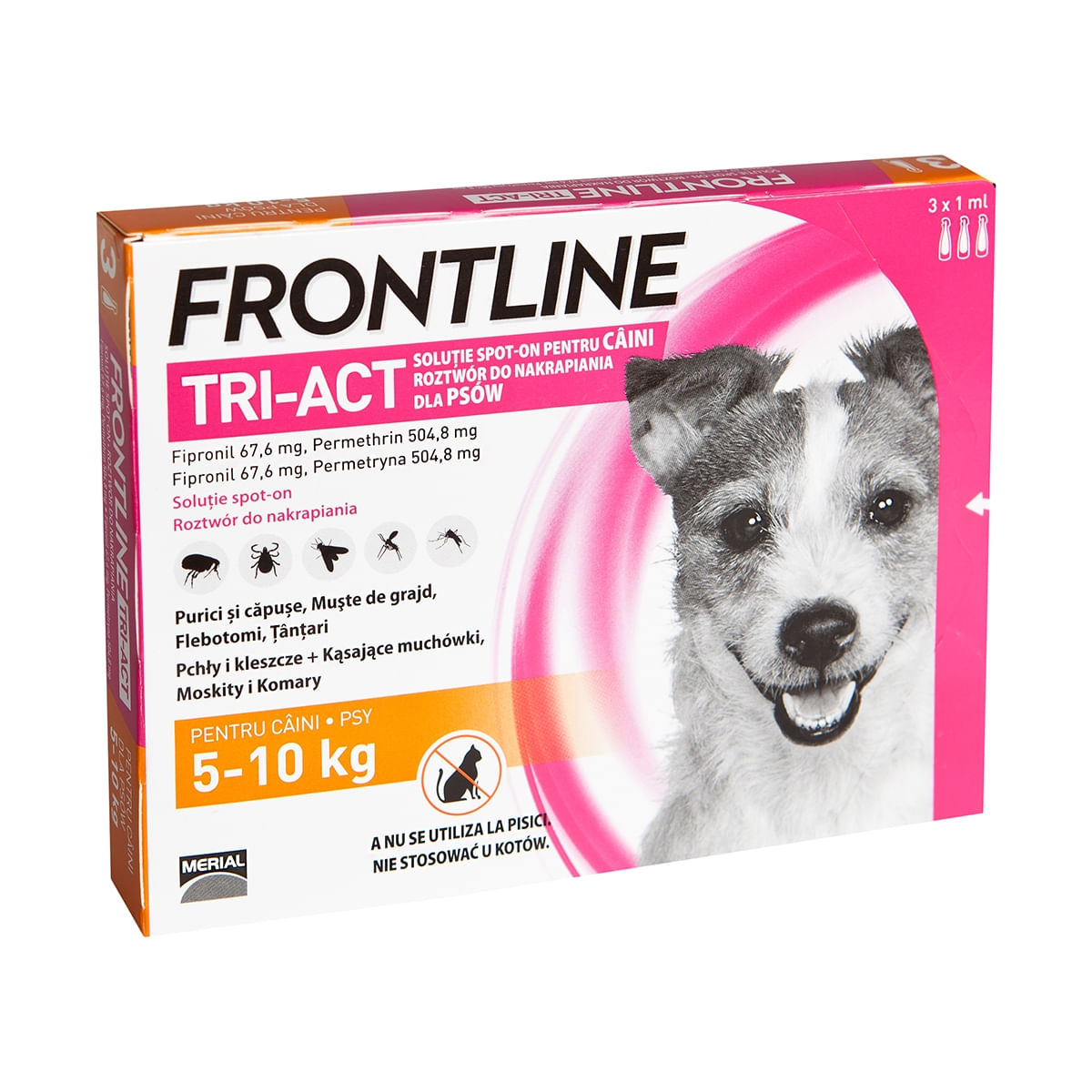 Frontline Tri-Act, solutie spot-on antiparazitară, câini FRONTLINE Tri-Act, spot-on, soluție antiparazitară, câini 5-10kg, 3 pipete