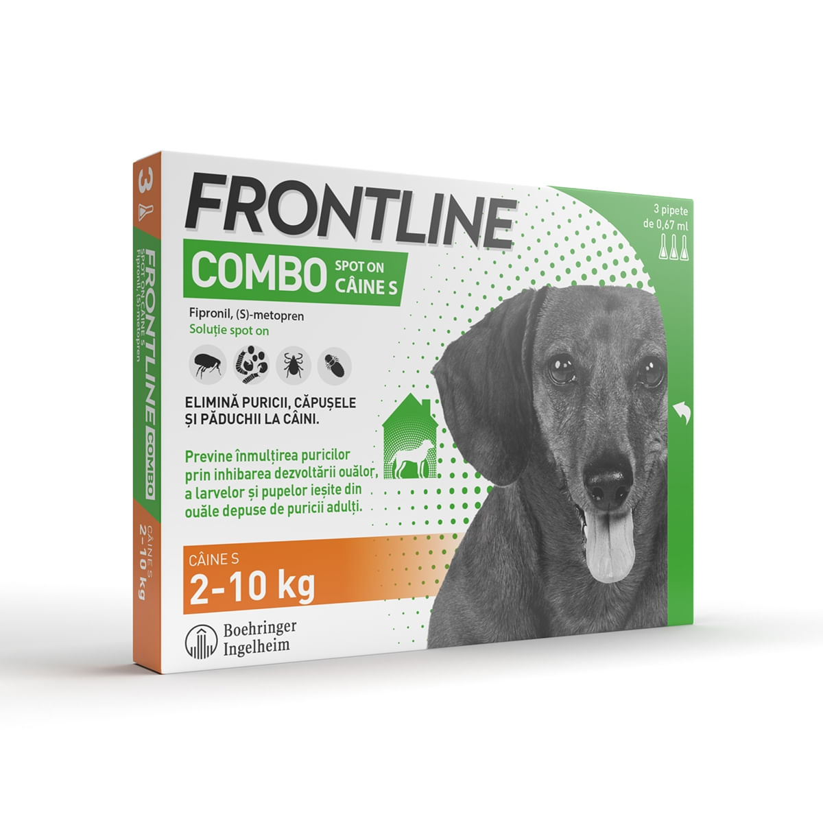 Frontline Combo, soluție spot-on antiparazitara, caini FRONTLINE Combo, spot-on, soluție antiparazitară, câini 2-10kg, 3 pipete - 1 | YEO