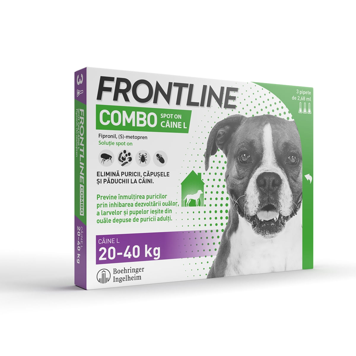 Frontline Combo, soluție spot-on antiparazitara, caini FRONTLINE Combo, spot-on, soluție antiparazitară, câini 20-40kg, 3 pipete - 1 | YEO