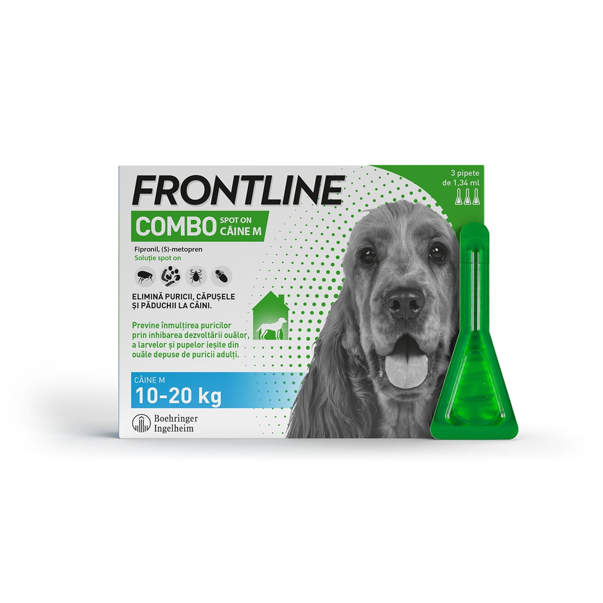 Frontline Combo, soluție spot-on antiparazitara, caini FRONTLINE Combo, spot-on, soluție antiparazitară, câini 10-20kg, 3 pipete