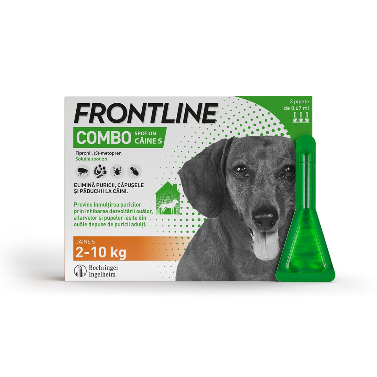 Frontline Combo, soluție spot-on antiparazitara, caini FRONTLINE Combo, spot-on, soluție antiparazitară, câini 2-10kg, 3 pipete - 3 | YEO