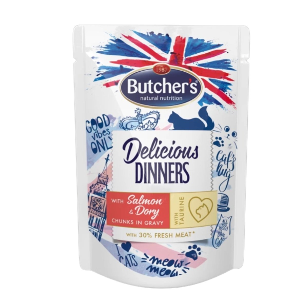 BUTCHER\'S Delicious Dinners, Somon și Doradă, plic hrană umedă conținut redus cereale pisici, apetit capricios, (în sos), 100g