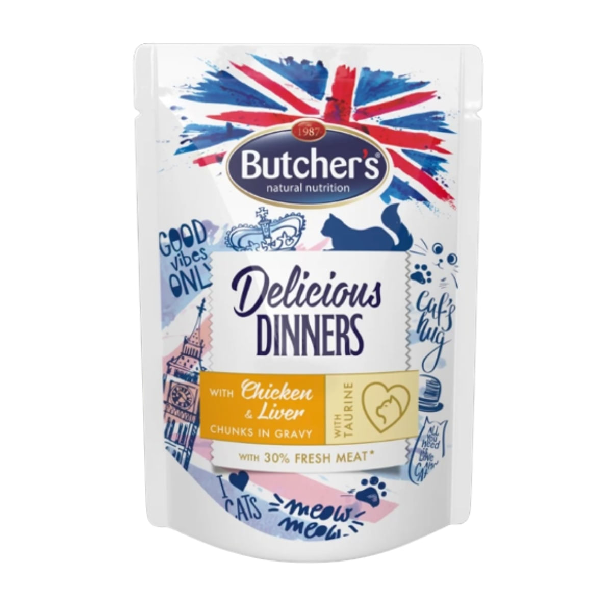 BUTCHER\'S Delicious Dinners, Pui și Ficat, plic hrană umedă conținut redus cereale pisici, apetit capricios, (în sos), 100g