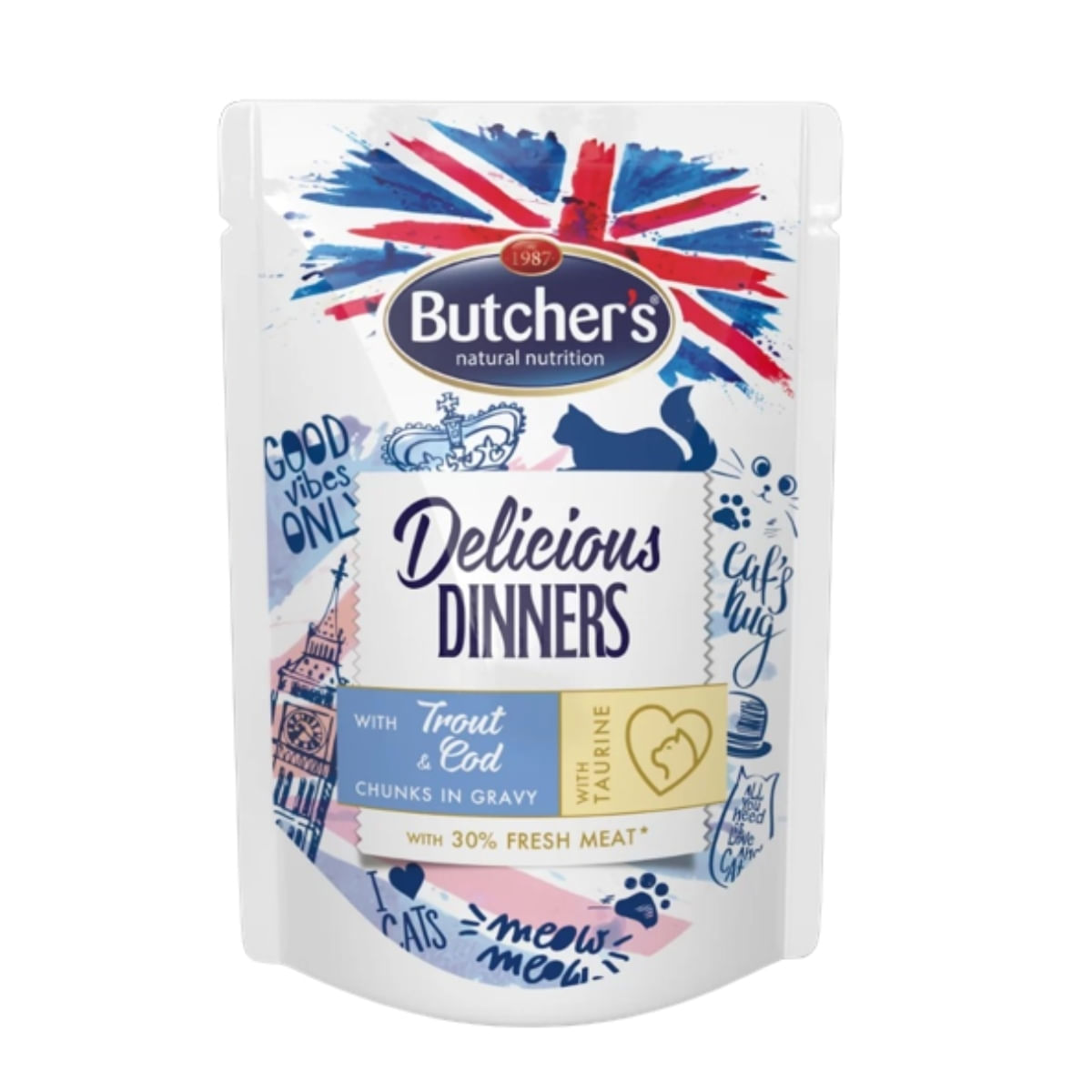 BUTCHER\'S Delicious Dinners, Păstrăv și Cod, plic hrană umedă conținut redus cereale pisici, apetit capricios, (în sos), 100g