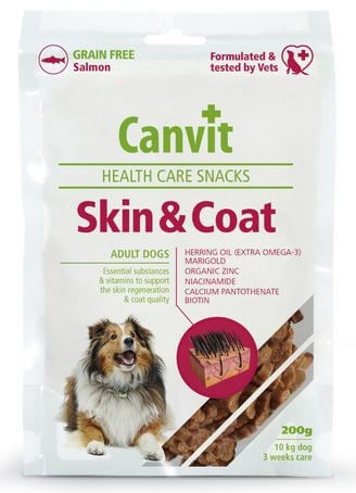 CANVIT Skin & Coat, XS-XL, Somon, punguță recompense funcționale câini, piele & blană, 200g