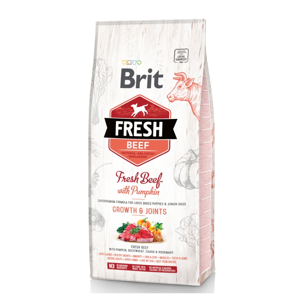 BRIT Fresh Bones & Joints Junior L-XL, Vită cu Dovleac, hrană uscată conținut redus cereale câini junior, 12kg - 1 | YEO