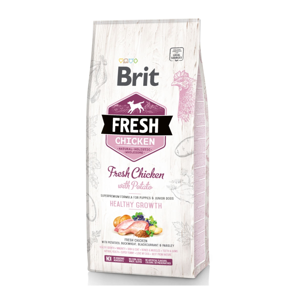 BRIT Fresh Healthy Growth Puppy & Junior S-XL, Pui cu Cartof, hrană uscată conținut redus cereale câini junior, 12kg - 1 | YEO