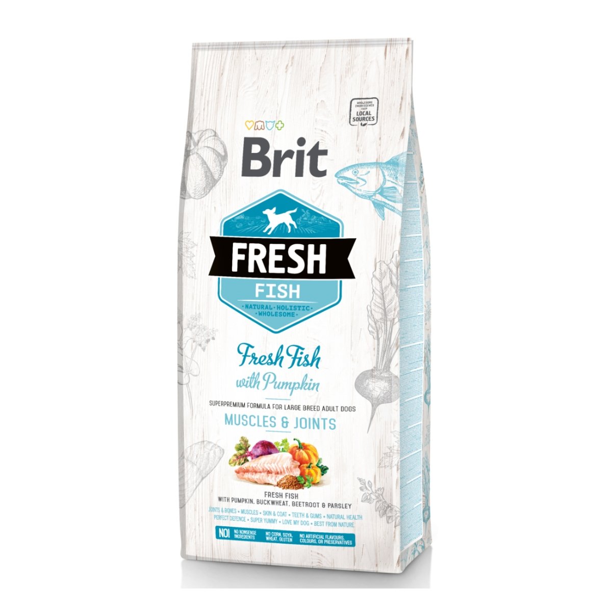 BRIT Fresh Muscles & Joints Adult L-XL, Pește cu Dovleac, hrană uscată conținut redus cereale câini, 12kg - 1 | YEO