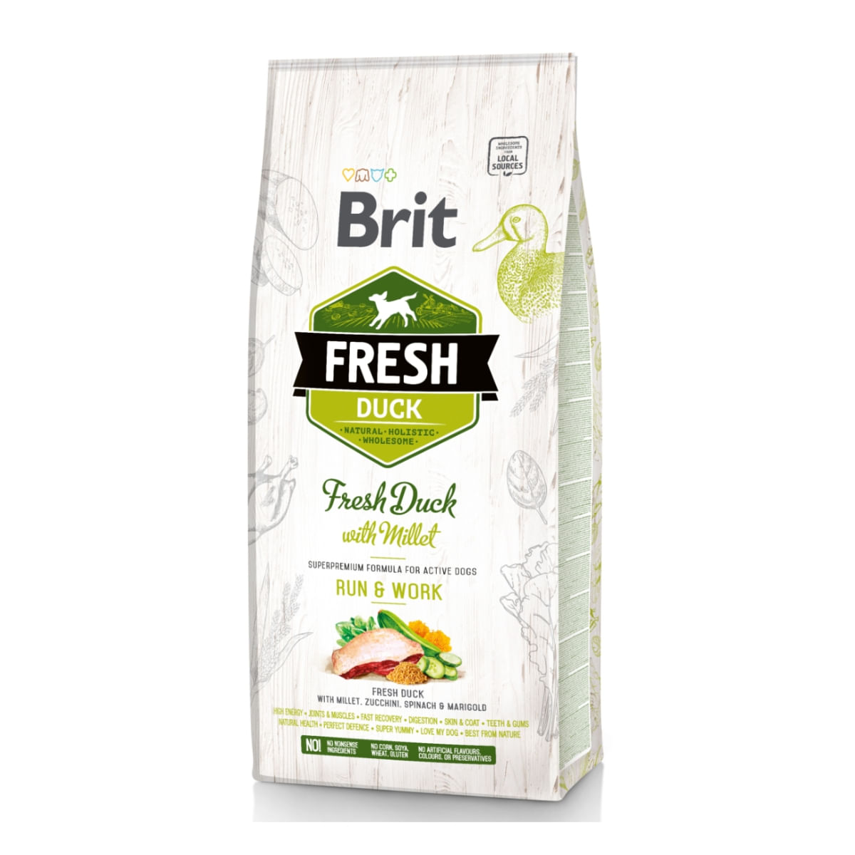 BRIT Fresh Run & Work Adult S-XL, Rață cu Mei, hrană uscată conținut redus cereale câini, activitate intensă, 12kg