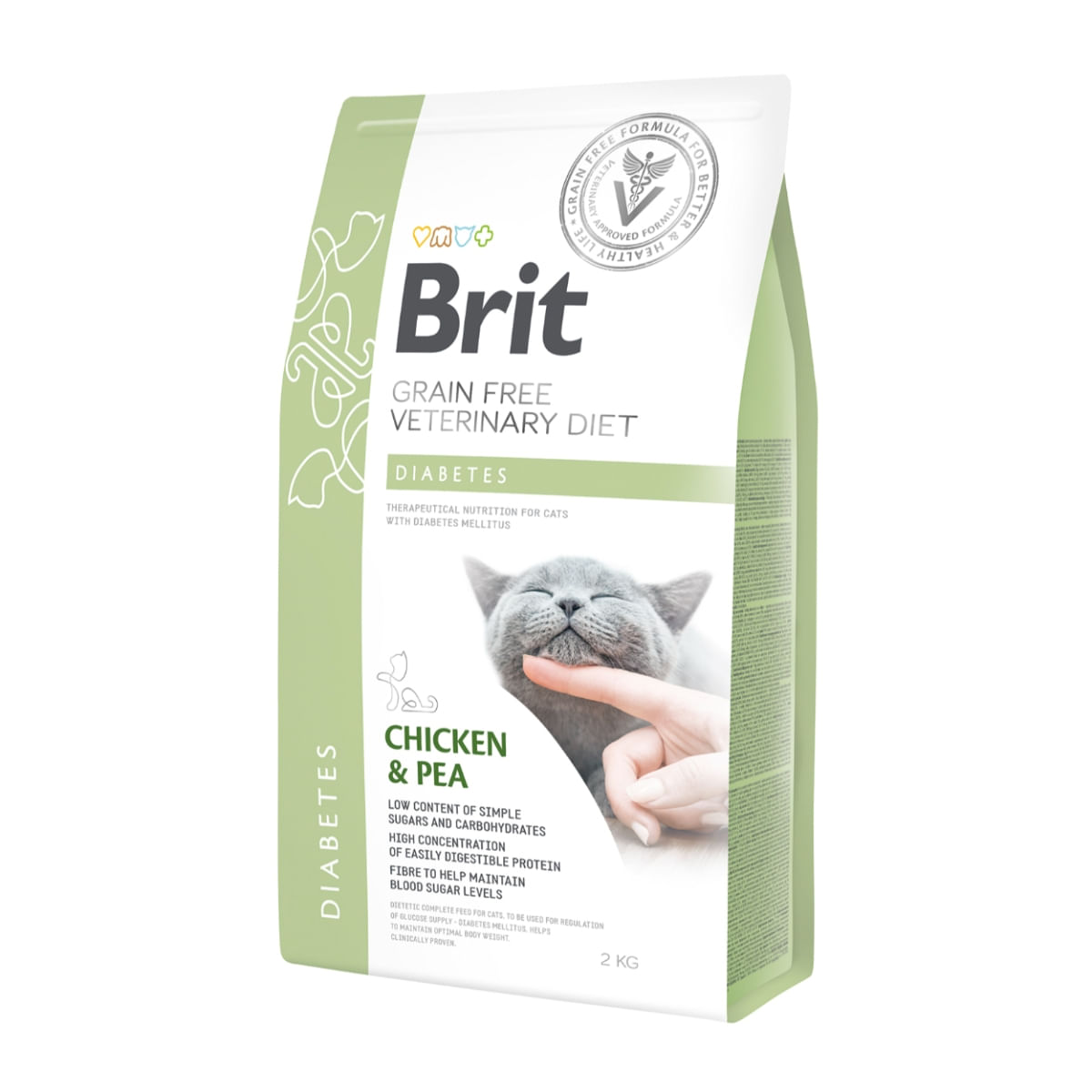 BRIT GF Veterinary Diet Diabetes, Pui cu Mazăre, dietă veterinară pisici, hrană uscată fără cereale, afecțiuni metabolice (diabet), 2kg