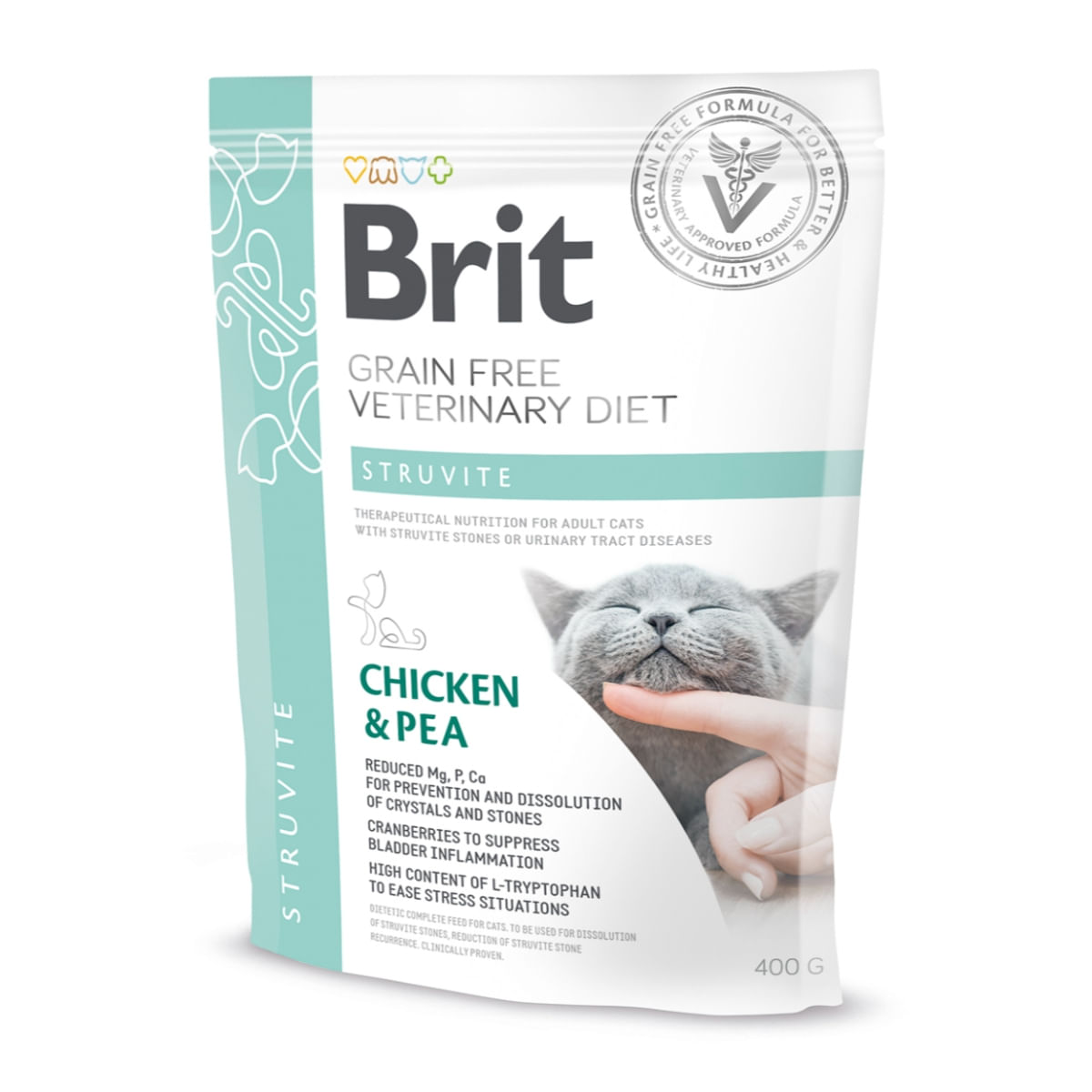BRIT GF Veterinary Diet Struvite, Pui cu Mazăre, dietă veterinară pisici, hrană uscată fără cereale, afecțiuni urinare (struviți), 400g