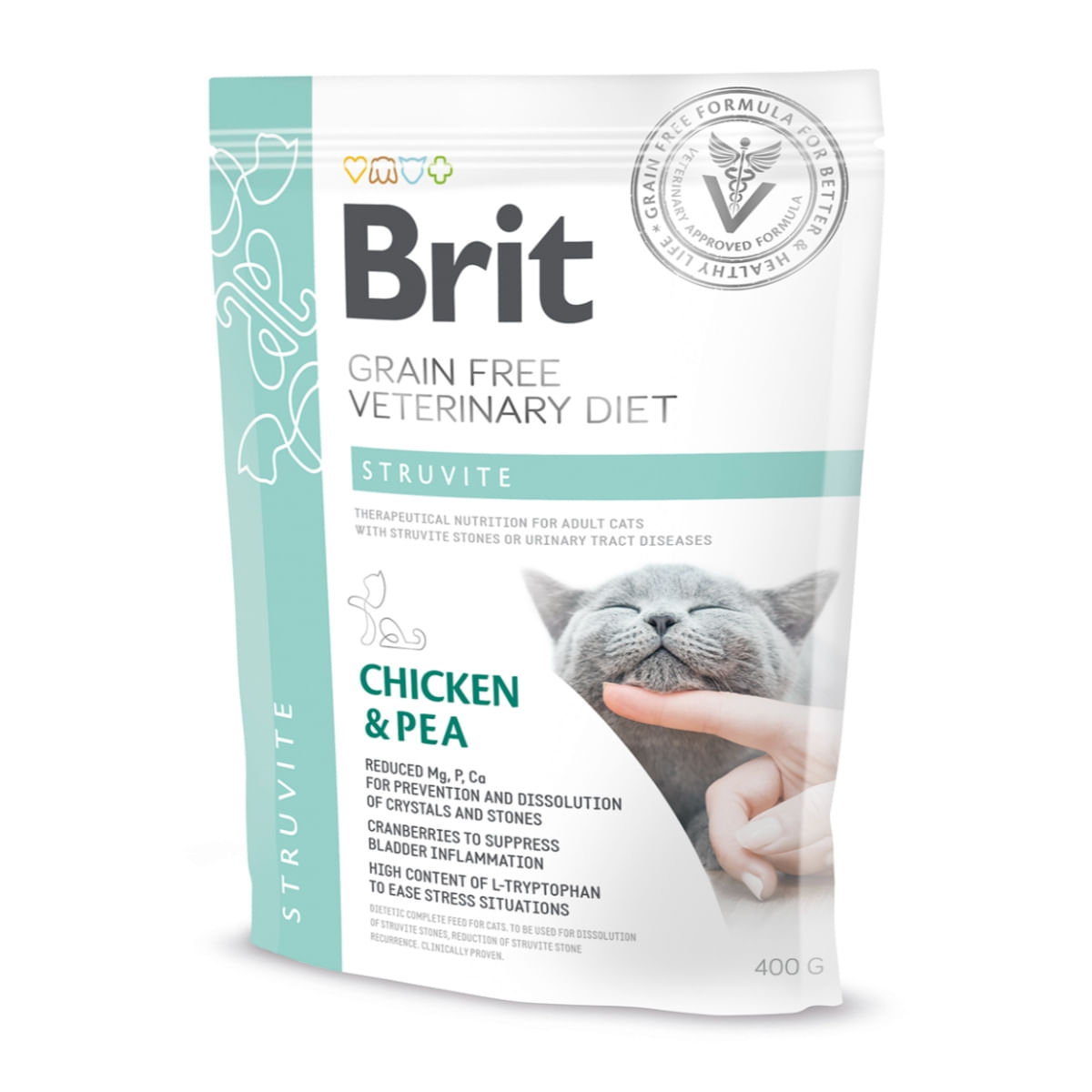 BRIT GF Veterinary Diet Struvite, Pui cu Mazăre, dietă veterinară pisici, hrană uscată fără cereale, afecțiuni urinare (struviți), 400g - 1 | YEO