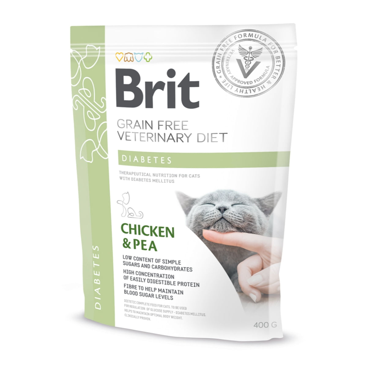 BRIT GF Veterinary Diet Diabetes, Pui cu Mazăre, dietă veterinară pisici, hrană uscată fără cereale, afecțiuni metabolice (diabet), 400g - 1 | YEO