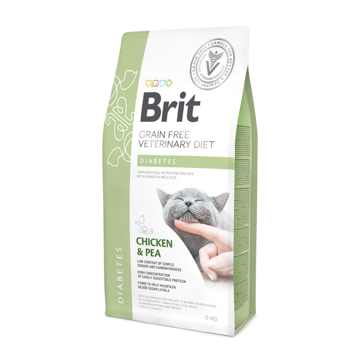 BRIT GF Veterinary Diet Diabetes, Pui cu Mazăre, dietă veterinară pisici, hrană uscată fără cereale, afecțiuni metabolice (diabet), 5kg