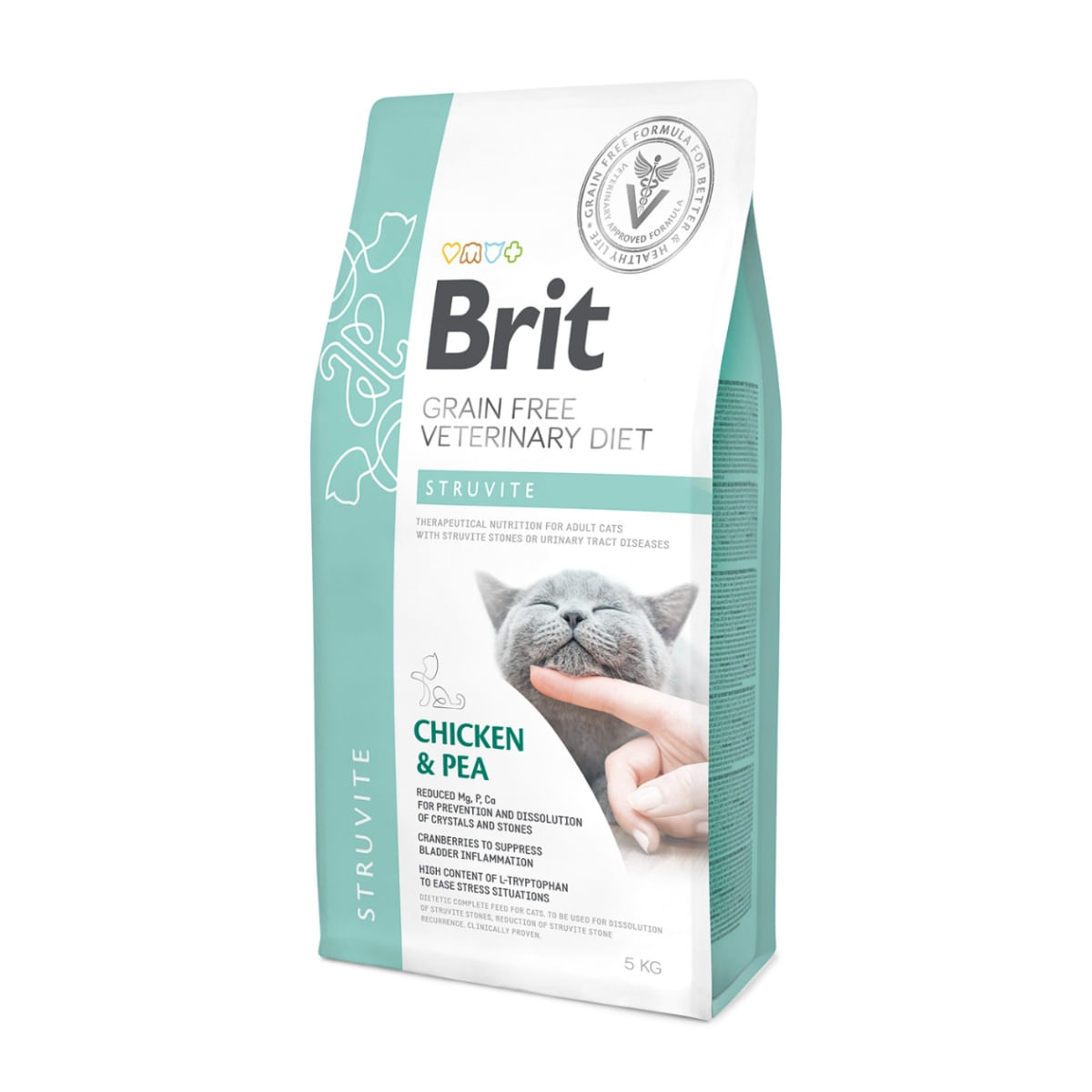 BRIT GF Veterinary Diet Struvite, Pui cu Mazăre, dietă veterinară pisici, hrană uscată fără cereale, afecțiuni urinare (struviți), 5kg