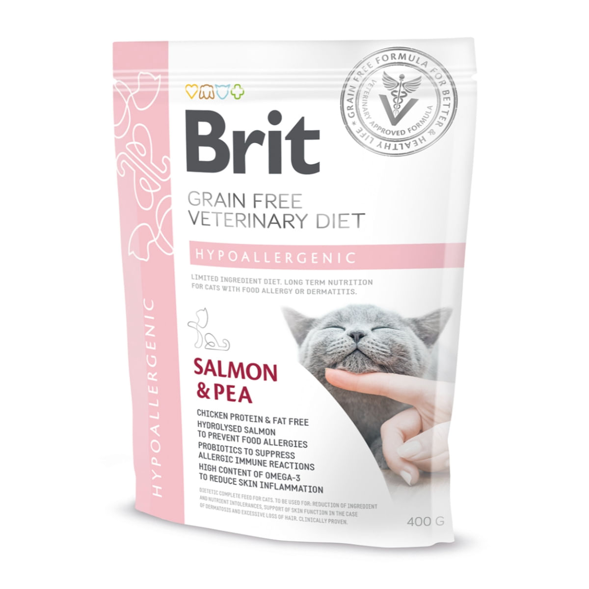 BRIT GF Veterinary Diet Hypoallergenic, Somon cu Mazăre, dietă veterinară pisici, hrană uscată fără cereale, sistem digestiv, piele & blană, 400g