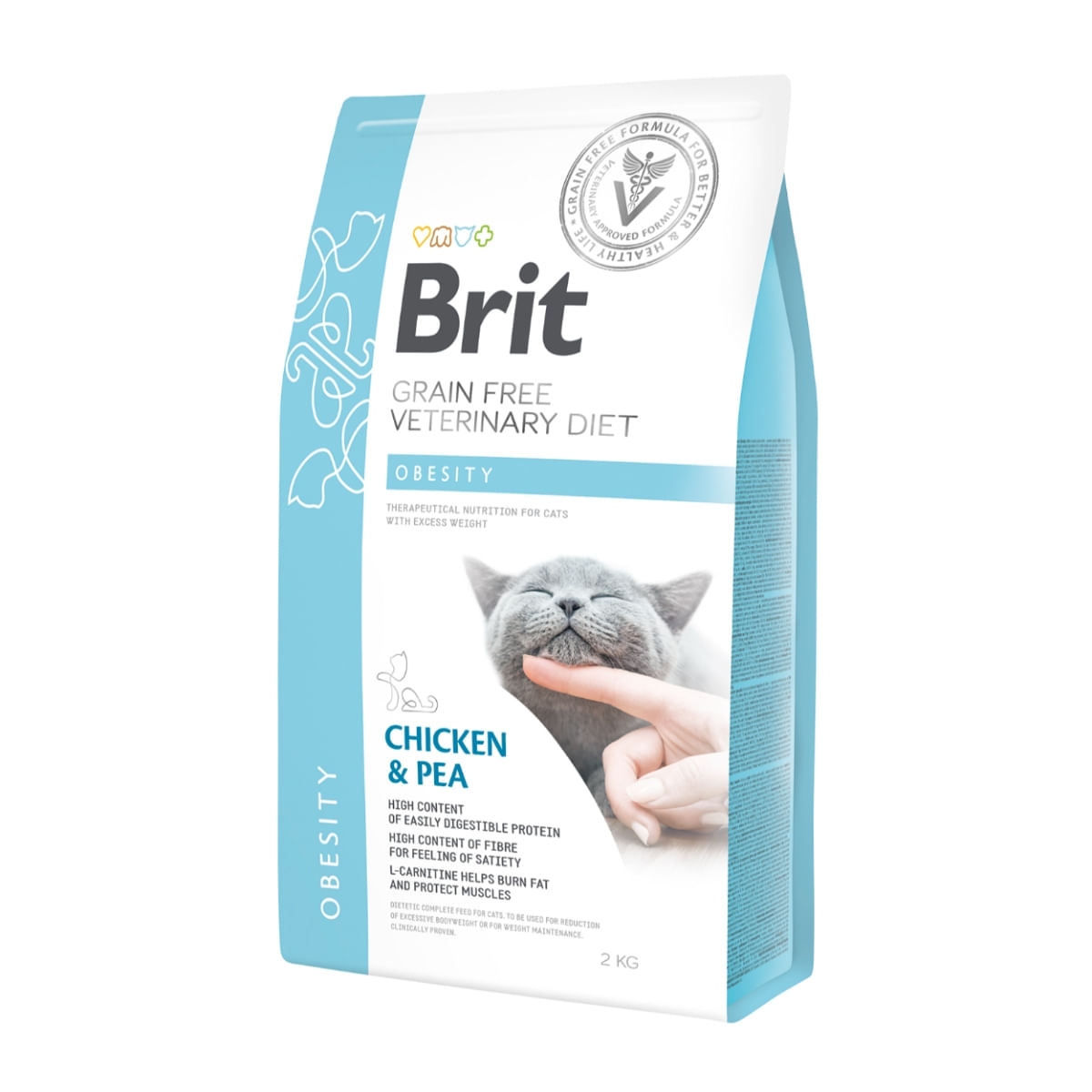 BRIT GF Veterinary Diet Obesity, Pui cu Mazăre, dietă veterinară pisici, hrană uscată fără cereale, afecțiuni metabolice (obezitate), 2kg - 1 | YEO