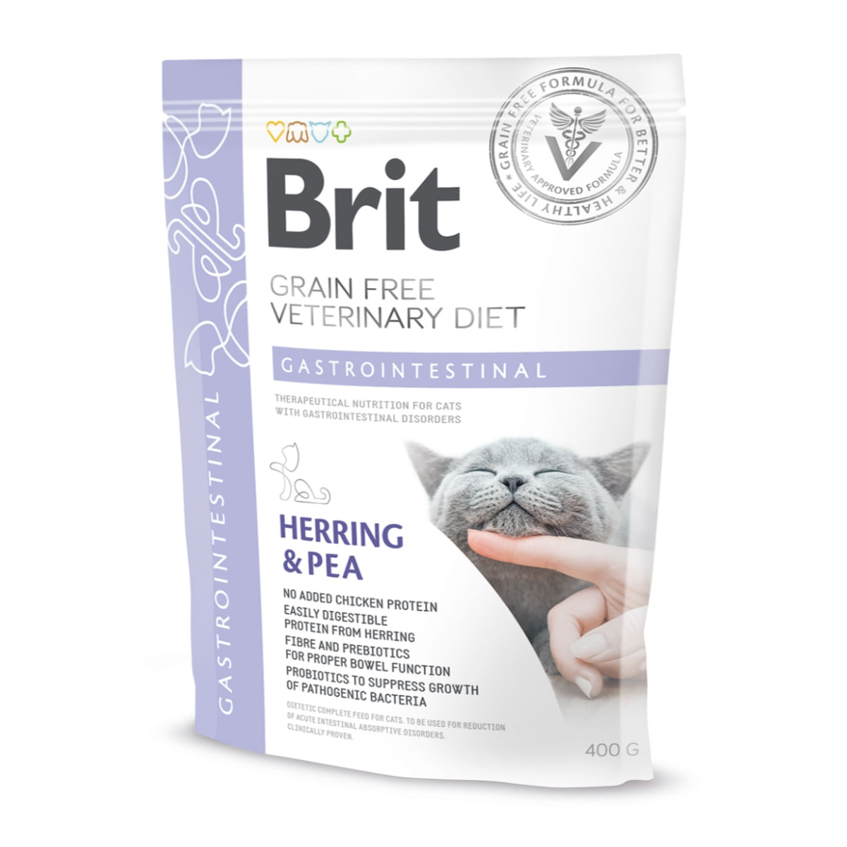 BRIT GF Veterinary Diet Gastrointestinal, Hering cu Mazăre, dietă veterinară pisici, hrană uscată fără cereale, afecțiuni digestive, 400g - 1 | YEO