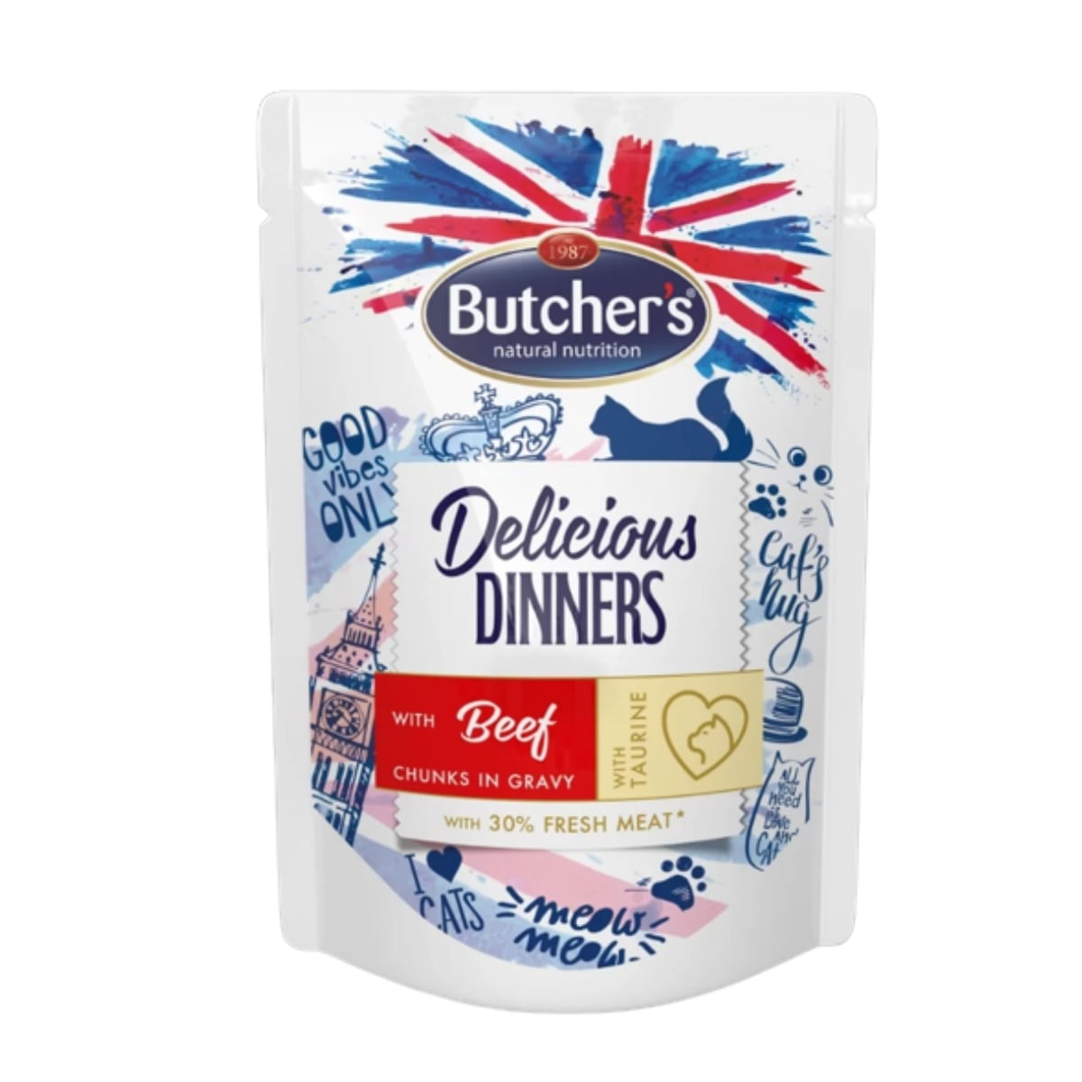 BUTCHER\'S Delicious Dinners, Vită, plic hrană umedă conținut redus cereale pisici, apetit capricios, (în sos), 100g