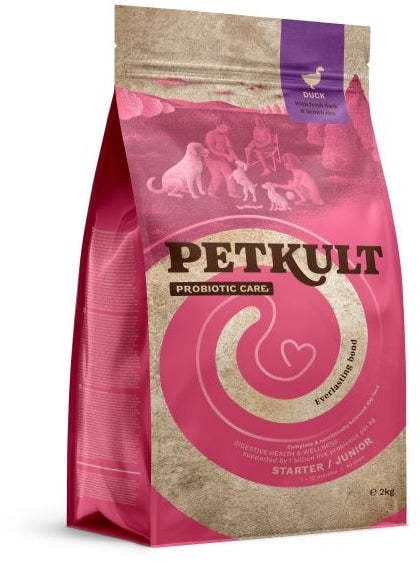 PETKULT Probiotics Starter&Junior, XS-XL, Rață și orez brun, hrană uscată câini junior, sistem digestiv & probiotice, 2kg