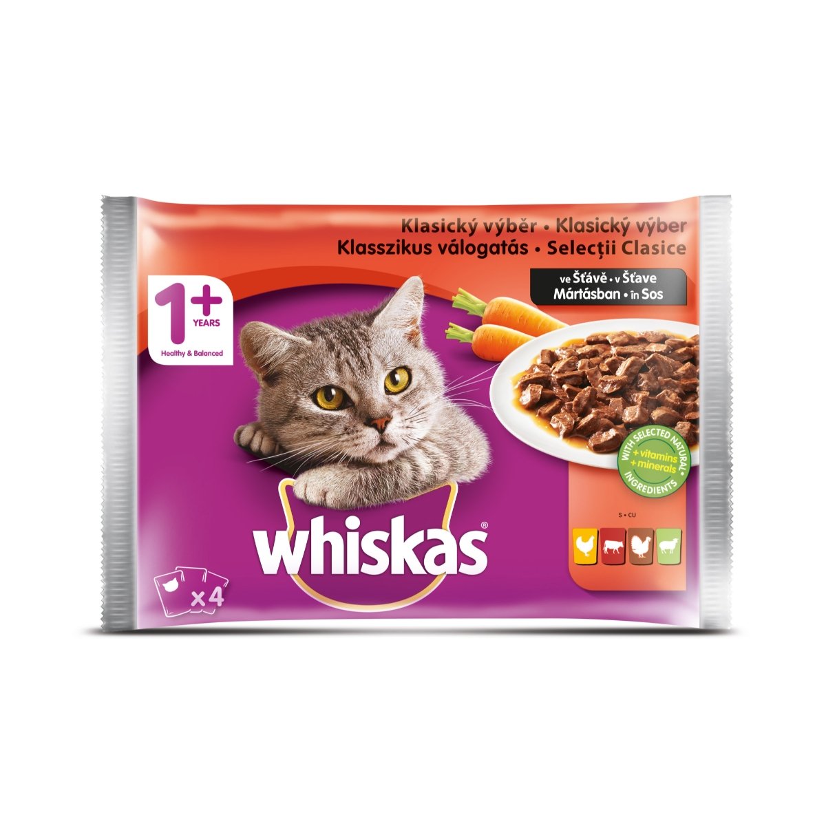 WHISKAS Selecții Clasice, 4 arome, pachet mixt, hrană umedă pisici, (în sos) WHISKAS Selecții Clasice, 4 arome, pachet mixt, plic hrană umedă pisici, (în sos), 100g x 4 - 1 | YEO