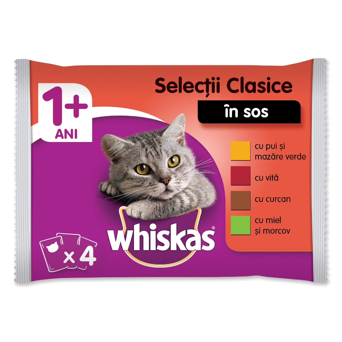 WHISKAS Selecții Clasice, 4 arome, pachet mixt, hrană umedă pisici, (în sos) WHISKAS Selecții Clasice, 4 arome, pachet mixt, plic hrană umedă pisici, (în sos), 100g x 4