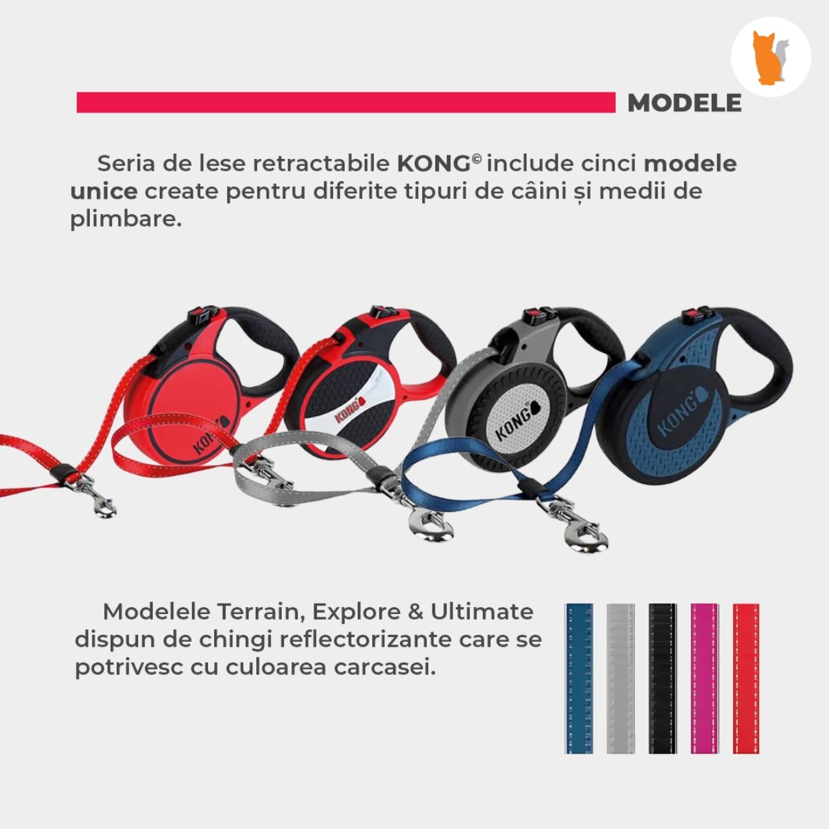 Lesa Retractabila Kong Reflect L, 5m-50 Kg, Gri