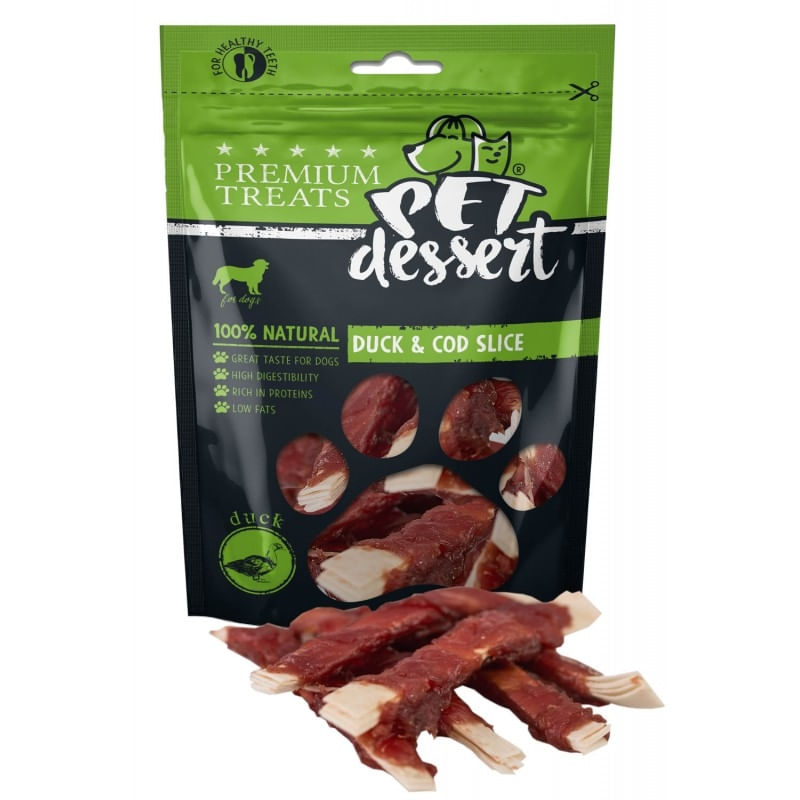 PET\'S DESSERT Soft Slice, XS-XL, Rață și Cod, punguță recompense fără cereale câini, 80g