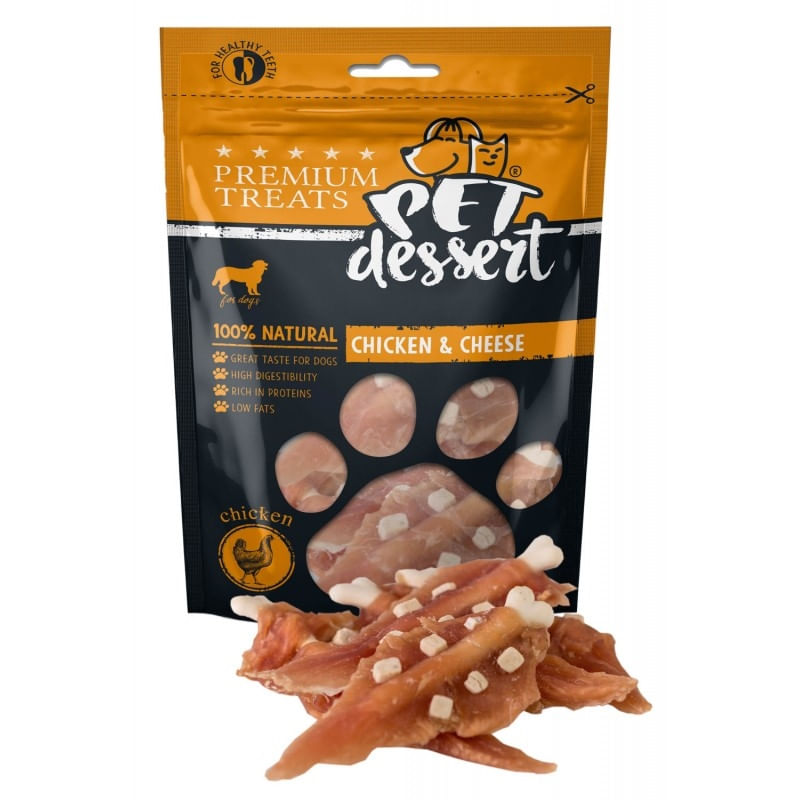 PET\'S DESSERT, XS-XL, Pui și Brânză, punguță recompense fără cereale câini, 80g