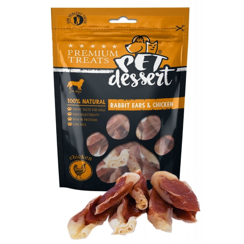 PET\'S DESSERT Rabbit Ears & Chicken, XS-XL, Iepure și Pui, punguță recompense fără cereale câini, 80g