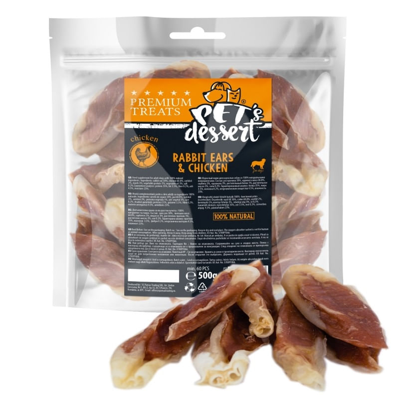 PET\'S DESSERT Rabbit Ears & Chicken, XS-XL, Iepure și Pui, punguță recompense fără cereale câini, 500g