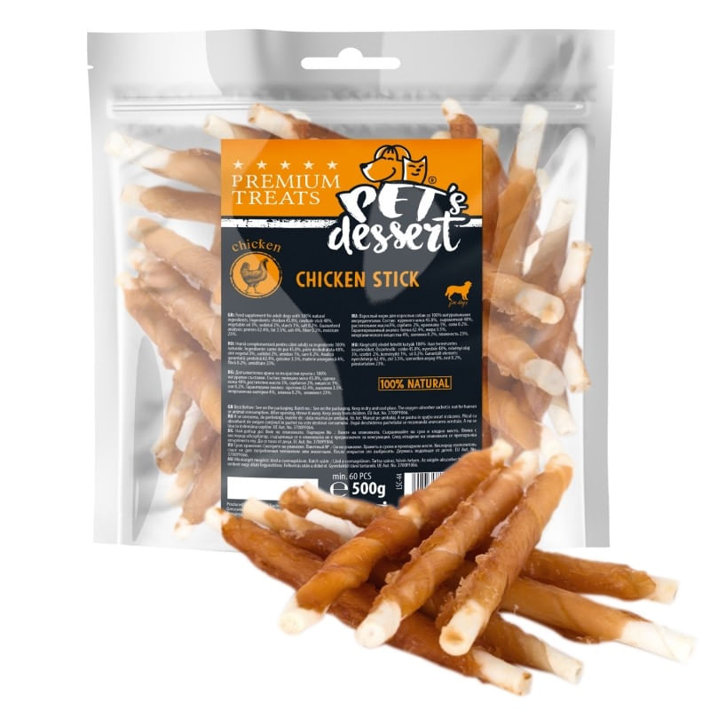 PET\'S DESSERT Stick, XS-XL, Pui, punguță recompense fără cereale câini, 500g