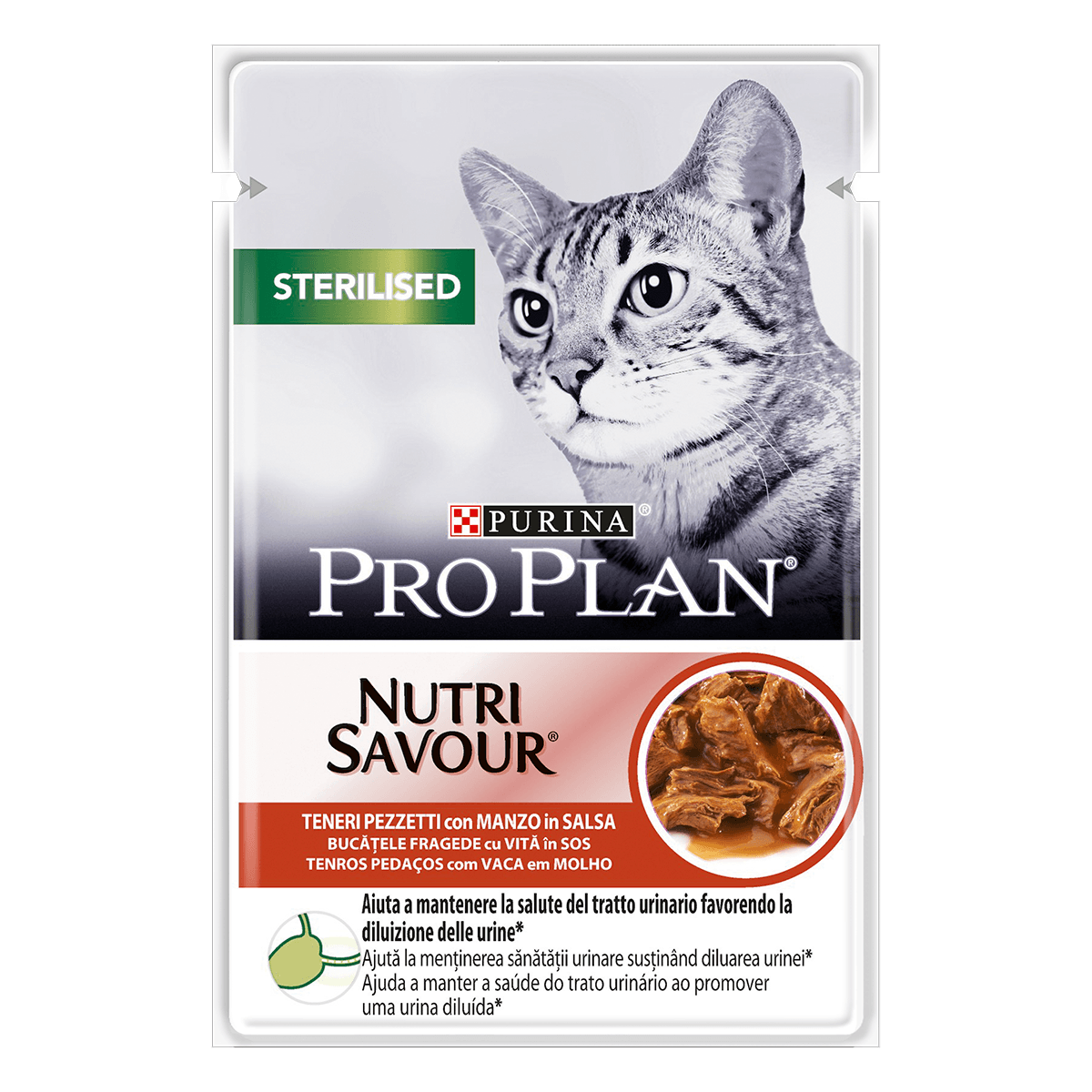 PURINA Pro Plan Sterilised Nutrisavour, Vită, hrană umedă pisici sterilizate, (în sos) PURINA Pro Plan Sterilised Nutrisavour, Vită, plic hrană umedă pisici sterilizate, (în sos), 85g - 1 | YEO