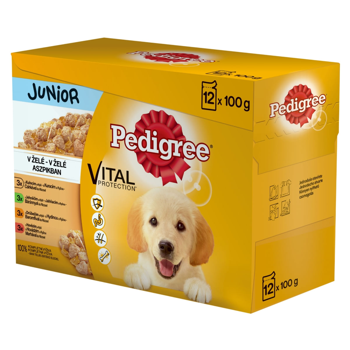 PEDIGREE Vital Protection Junior Multipack, 4 arome, pachet mixt, plic hrană umedă câini junior, (în aspic), 100g x 12 - 1 | YEO