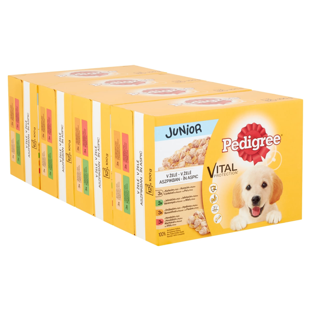 PEDIGREE Vital Protection Junior Multipack, 4 arome, pachet mixt, plic hrană umedă câini junior, (în aspic), 100g x 12
