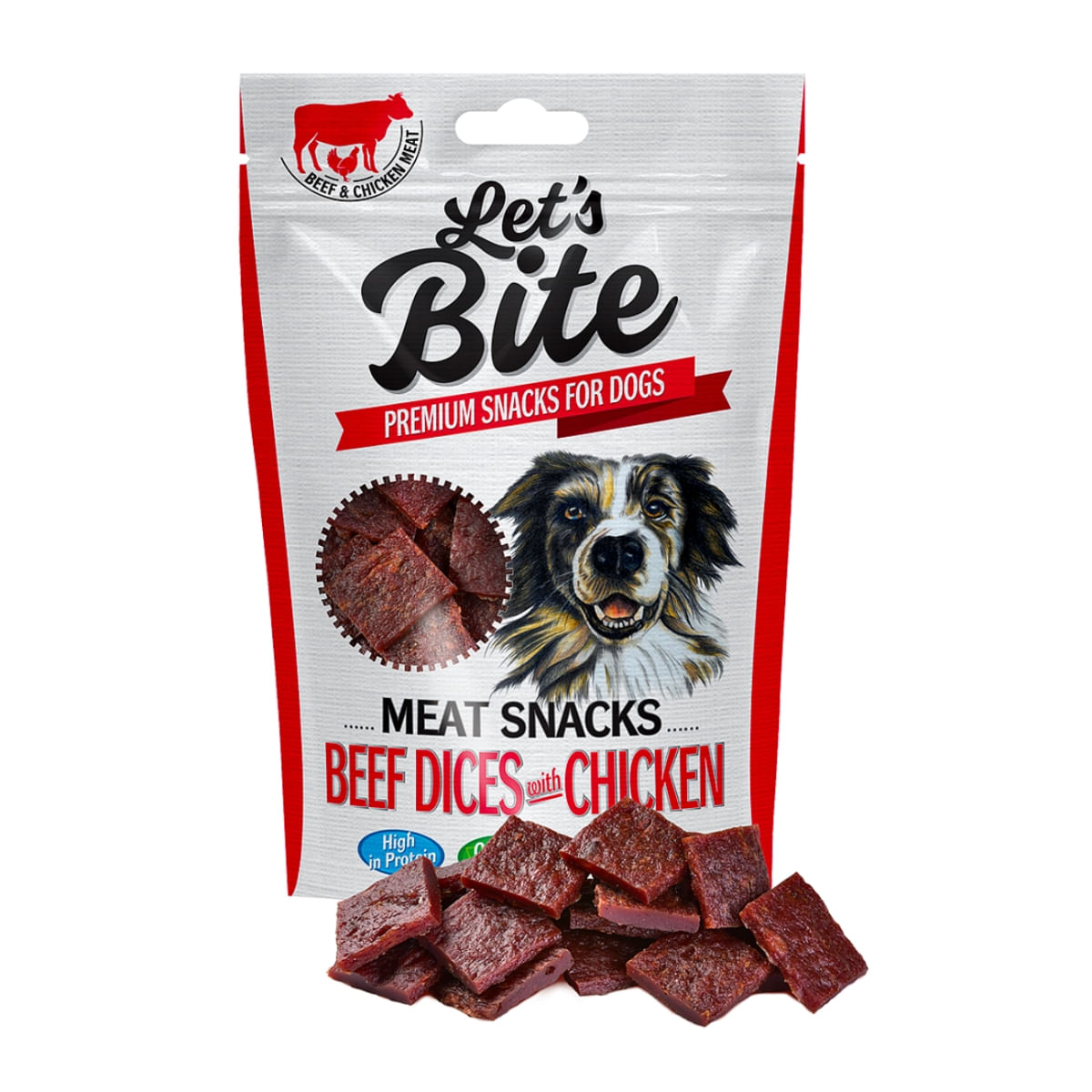 BRIT Let\'s Bite Meat Snacks Beef Dices with Chicken, Vită și Pui, recompense fără cereale câini, cuburi de carne, 80g