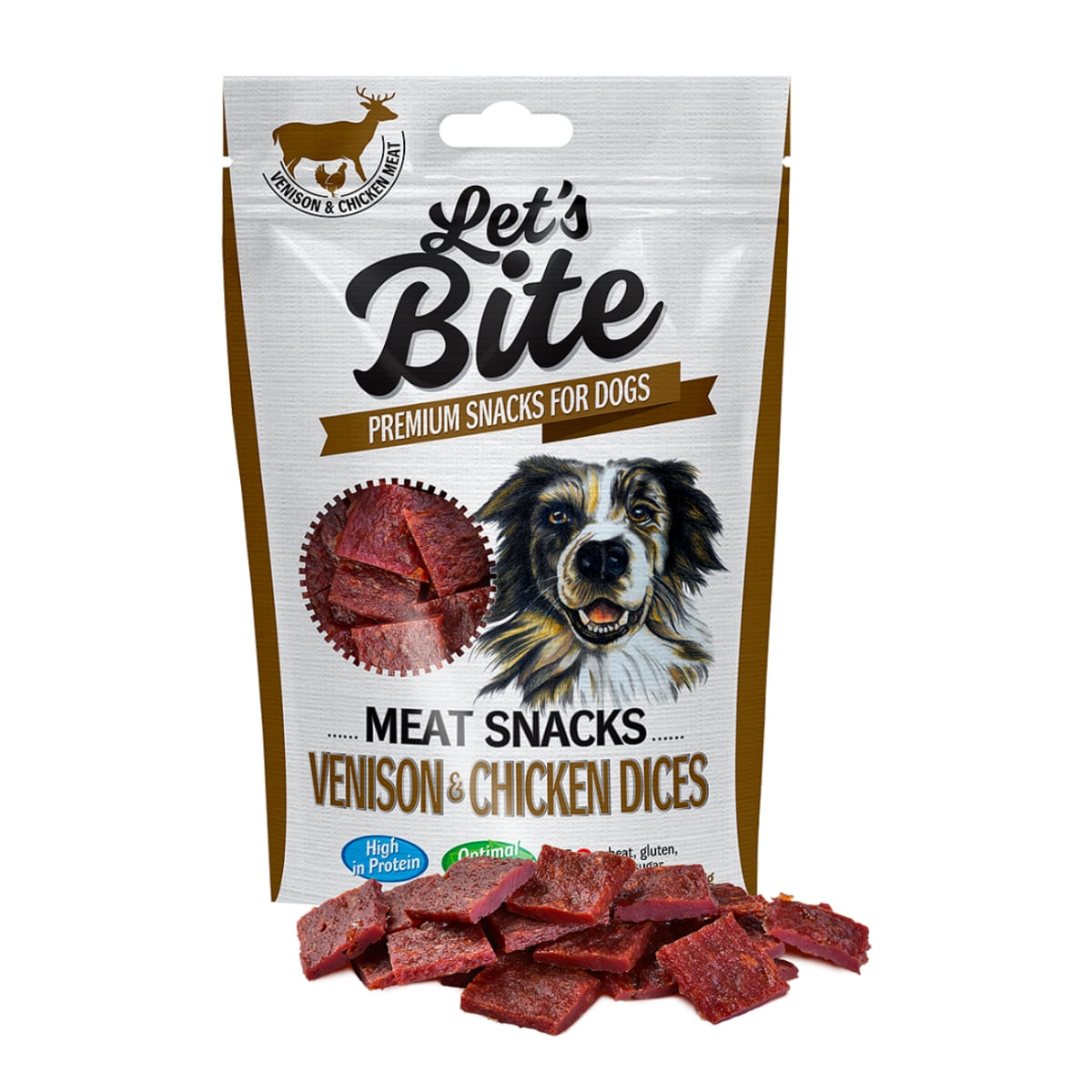 BRIT Let\'s Bite Meat Snacks Venison & Chicken Dices, Vânat și Pui, recompense fără cereale câini, cuburi de carne, 80g